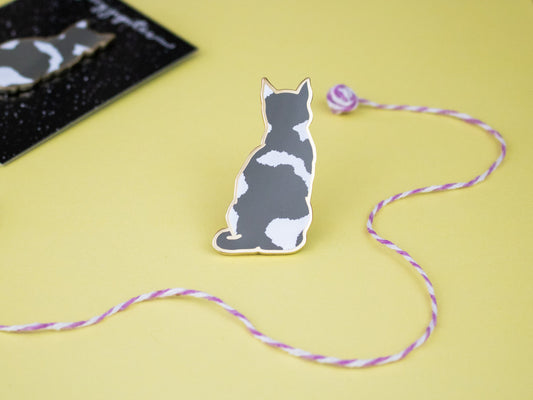 Grey and White Cat Enamel Pin | Adorable Pin for Cat Lovers | Quirky Patchy Kitty