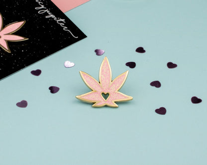 Glittery Weed Heart Enamel Pin | Stylish Pink Girly Stoner Accessory