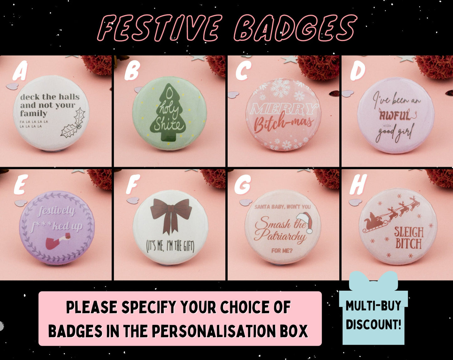 Funny Christmas Button Badges | Create Your Own Set | Fun Stocking Fillers