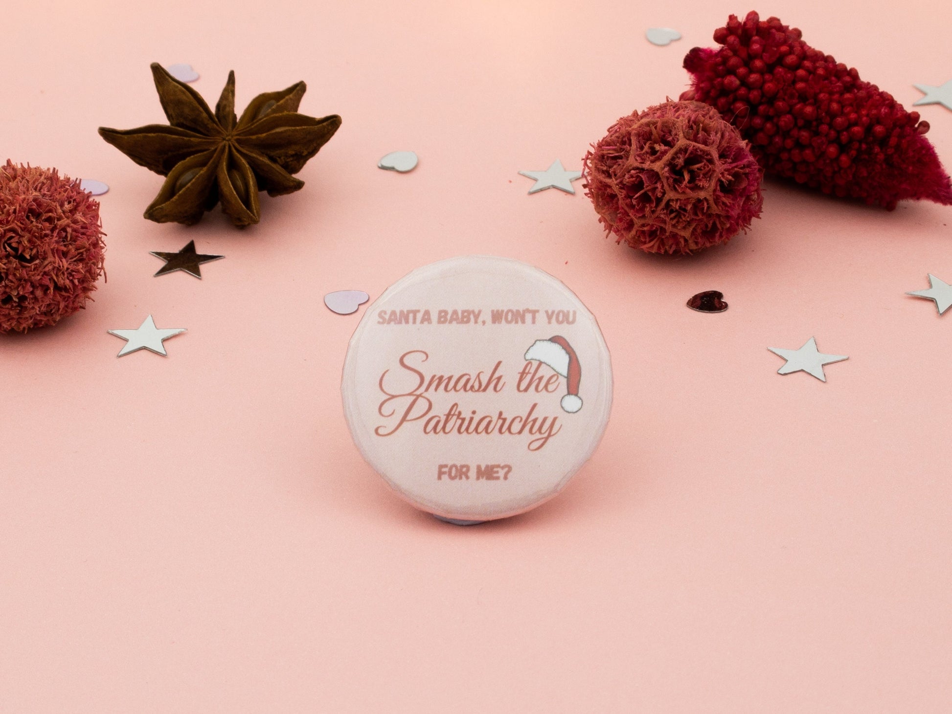 Santa Smash Patriarchy Badge | Funny Christmas Button Pin | Feminist Stocking Stuffer Idea