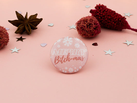 Merry Bitchmas Badge | Funny Christmas Button Pin | Humorous Stocking Stuffer