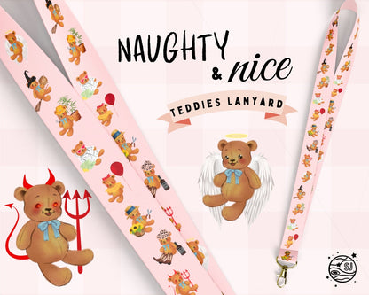 pink lanyard featuring teddy bears in various activities from witchcraft and gardening to devil and angel