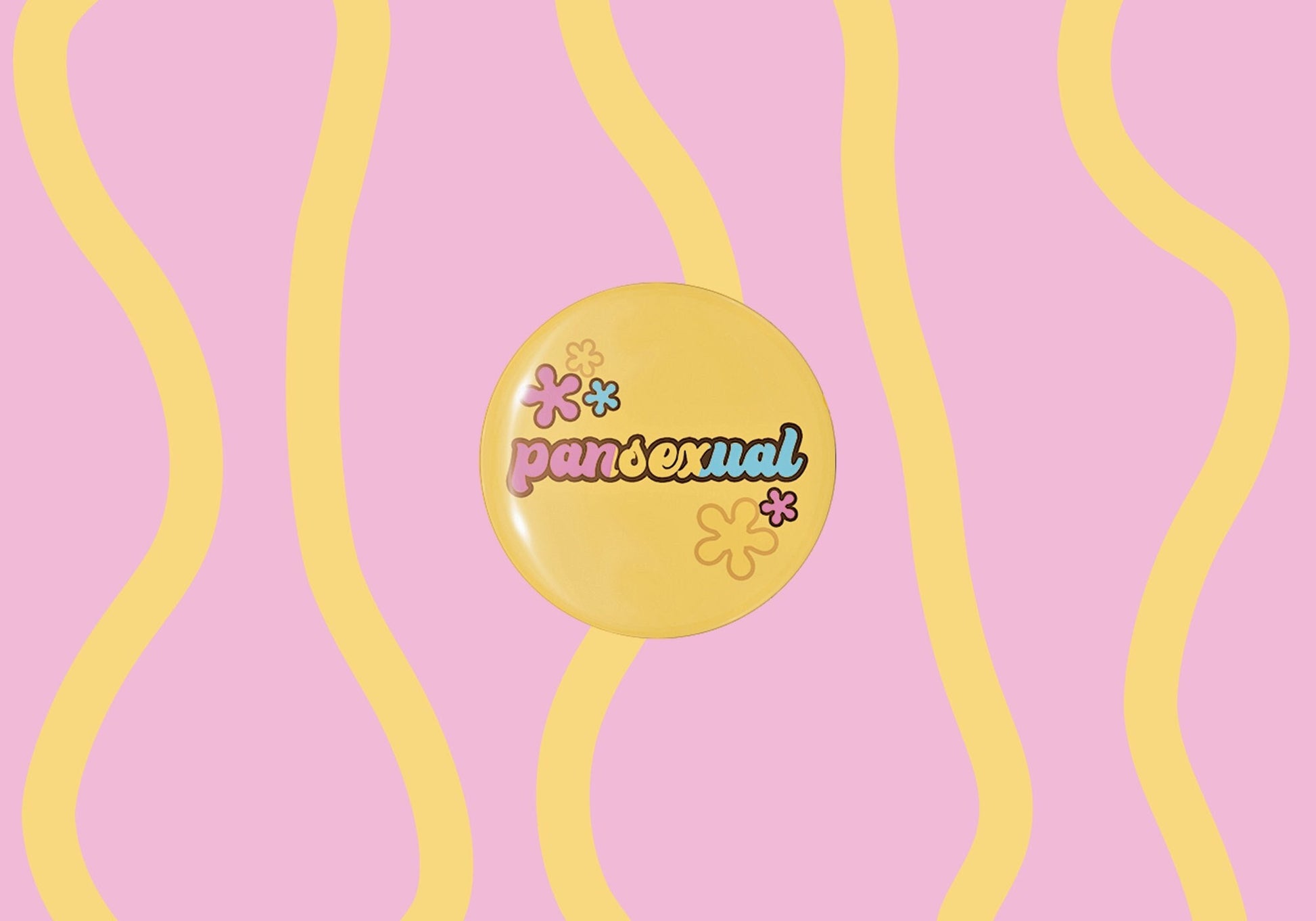 pansexual badge with yellow, blue and pink colours in a groovy style with flowers