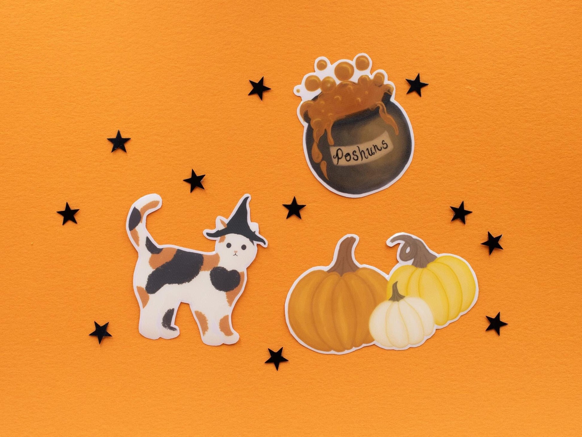 Spooky Fall Vinyl Sticker Set - Calico Witch Kitty, Potions Cauldron & Pumpkins