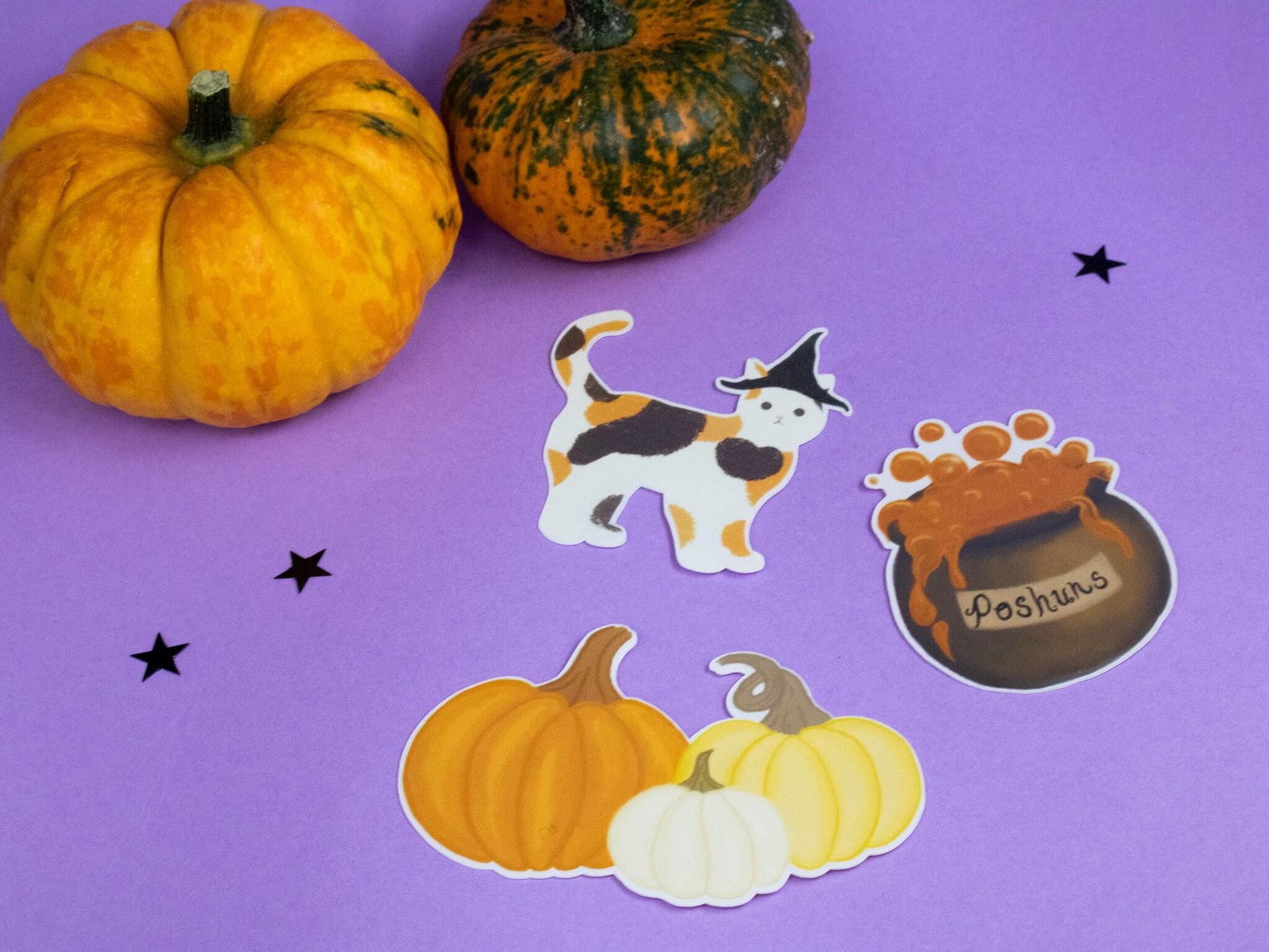 Spooky Fall Vinyl Sticker Set - Calico Witch Kitty, Potions Cauldron & Pumpkins