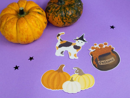 Spooky Fall Vinyl Sticker Set - Calico Witch Kitty, Potions Cauldron & Pumpkins